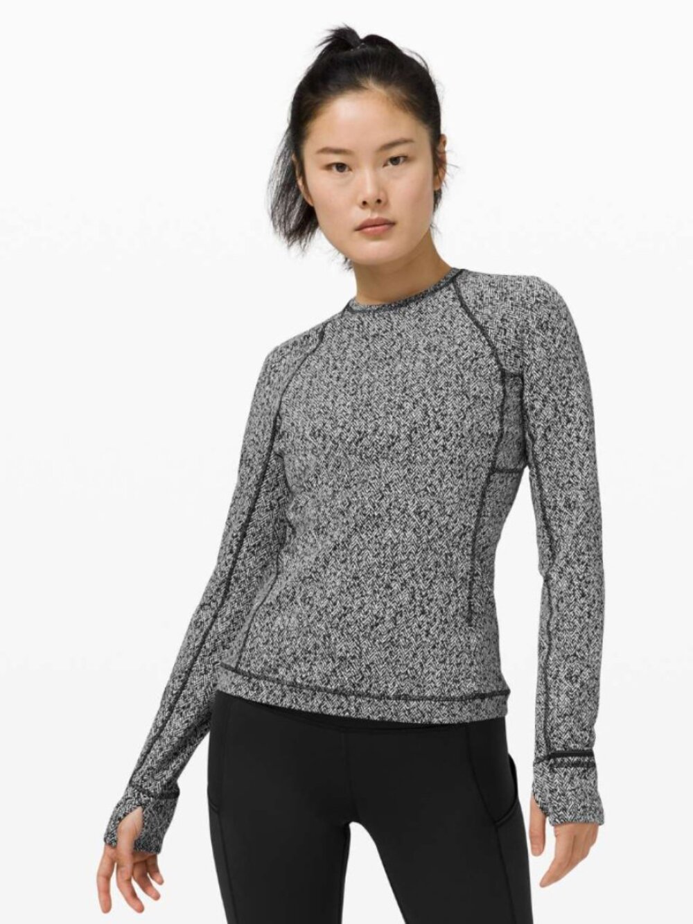Lululemon Runderful Long Sleeve Scattered Herringbone Black White Size 2